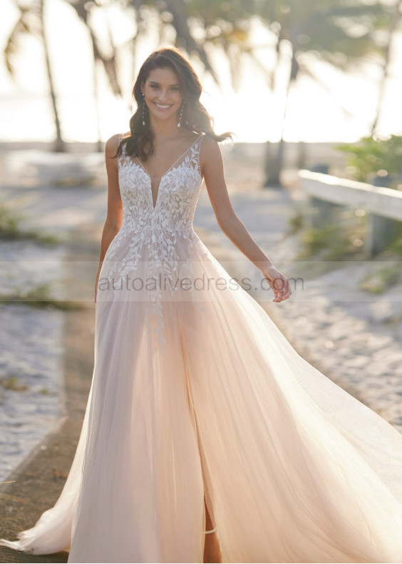 V Neck Beaded Ivory Lace Glitter Tulle Slit Wedding Dress